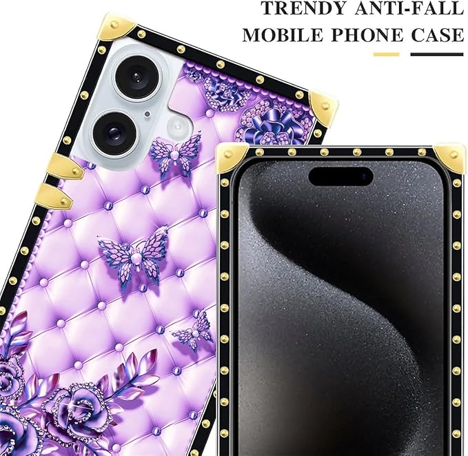 Compatible with iPhone 16 Case, Purple Butterfly Flowers Leaf Luxury Golden Decoration for Girl Women Soft TPU Shockproof Protective Hard PC Back