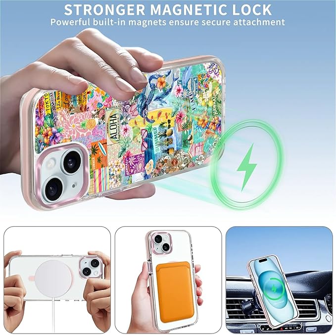 Case for iPhone 14 Plus/15 Plus,[Compatible with MagSafe],Hawaii Aloha Cover Coastal Beach Collage Phone Case Design，for Women Girls Magnetic Clear Cover - Slim, Sleek, & Shockproof Protection