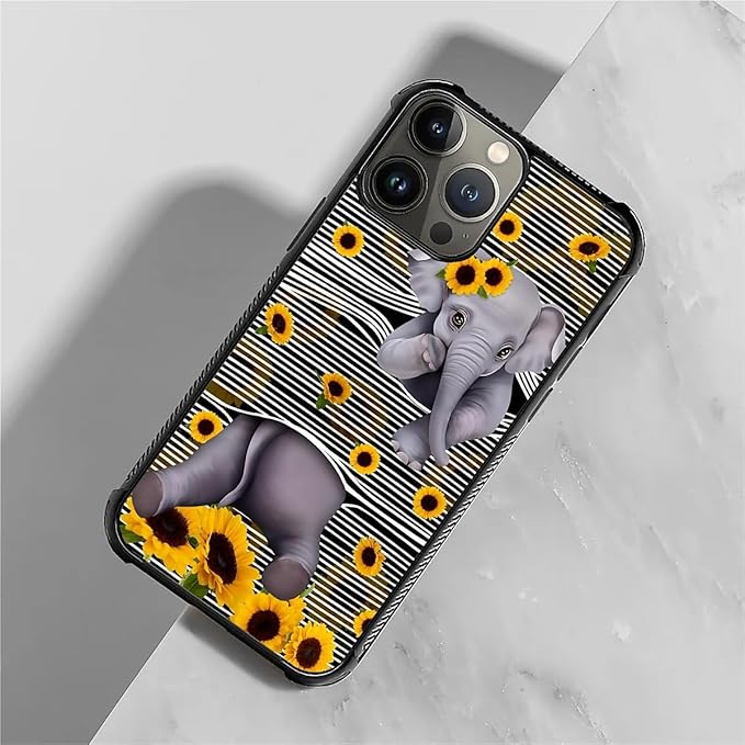 for iPhone 15 Pro Max Case, Cute Little Elephant Sunflower White Line Art Pattern Graphic Design Girl Boy Soft Silicone Hard Acrylic Shock Protection for iPhone 15 Pro Max