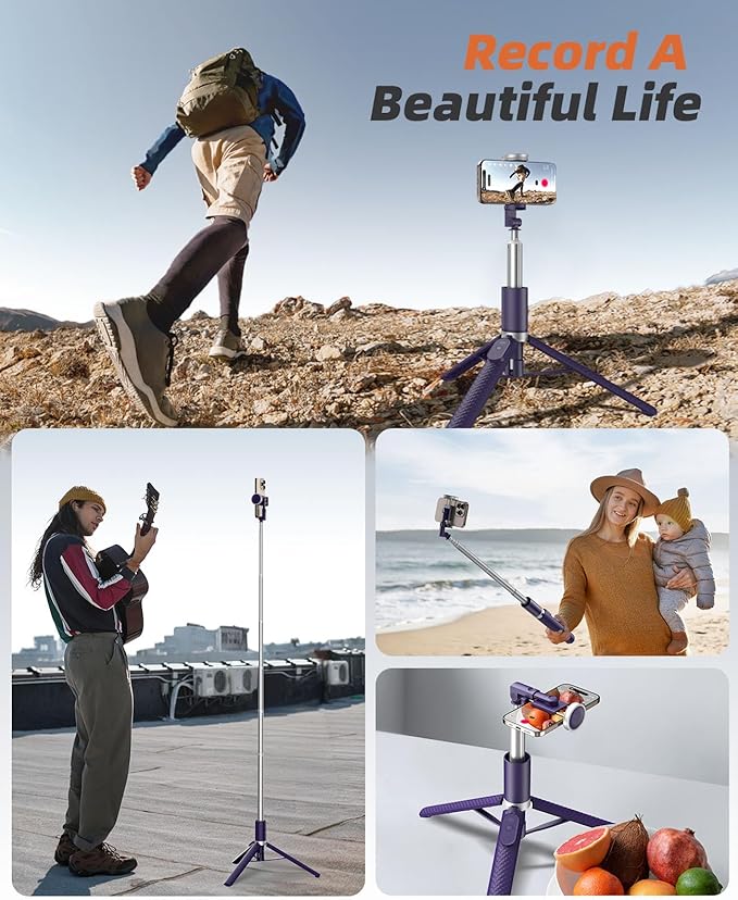 Vimose Phone Tripod & Selfie Stick with Remote, Portable, Lightweight for Video Recording Vlog, Extendable Travel Tripod Stand Compatible with iPhone Android, Purple, 62"