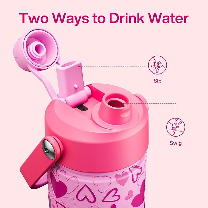 ENCOOL Valentine's Day Insulated Water Bottle with Straw Stainless Steel Water Bottle, Leak-Proof, BPA-Free, Keeps Cold for 24 Hours for Sports, Travel, School (26 oz, Sweet Hearts Pink x Pink)