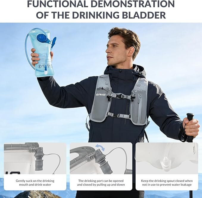 GRIO Hydration Running Vest for Women Men, Water Backpack for Hiking ,with 1.5L Water Bladder, Lightweight Breathable Reflective Hydration Pack for Marathon, Trail, Hiking, Cycling
