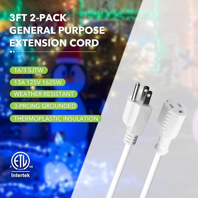BN-LINK 3 Ft Outdoor Extension Cord 16/3 SJTW General Purpose Power Cord, 3 Prong Grounded Plug, 13-Amp, Black, for Lawn, Garden, Appliances, 3 Pack