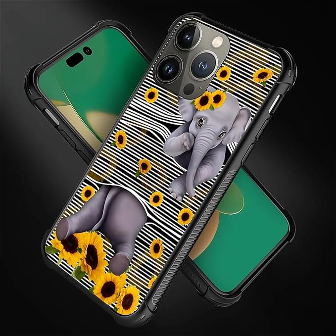 for iPhone 12 Pro Max Case, Cute Little Elephant Sunflower White Line Art Pattern Graphic Design Girl Boy Soft Silicone Hard Acrylic Shock Protection for iPhone 12 Pro Max