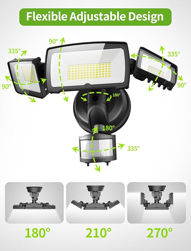 100W LED Security Lights, 11000LM Hardwired Flood Lights with Remote Control, Motion Sensor Outdoor Lights, 3 Adjustable Heads, IP66 Waterproof, Dusk to Dawn Outdoor Lighting for Yard Garage