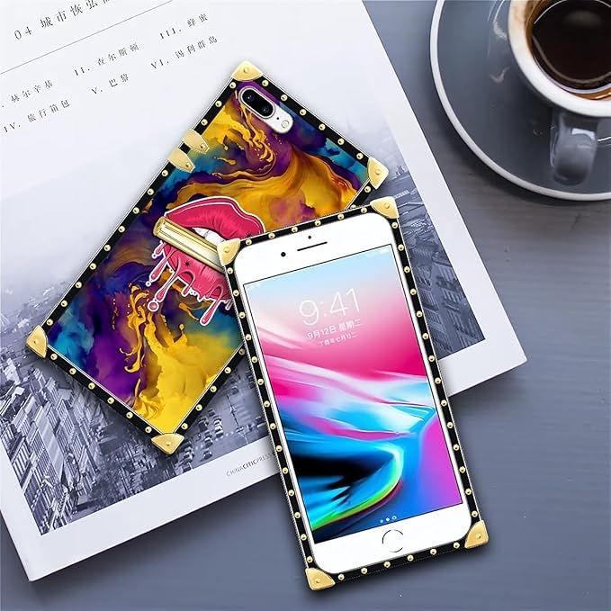 Compatible with iPhone 8 Plus 7 Plus Case, Cool Corlorful Lip Marble Luxury Golden Decoration for Girl Women Soft TPU Shockproof Protective Hard PC Back for iPhone 8 Plus 7 Plus