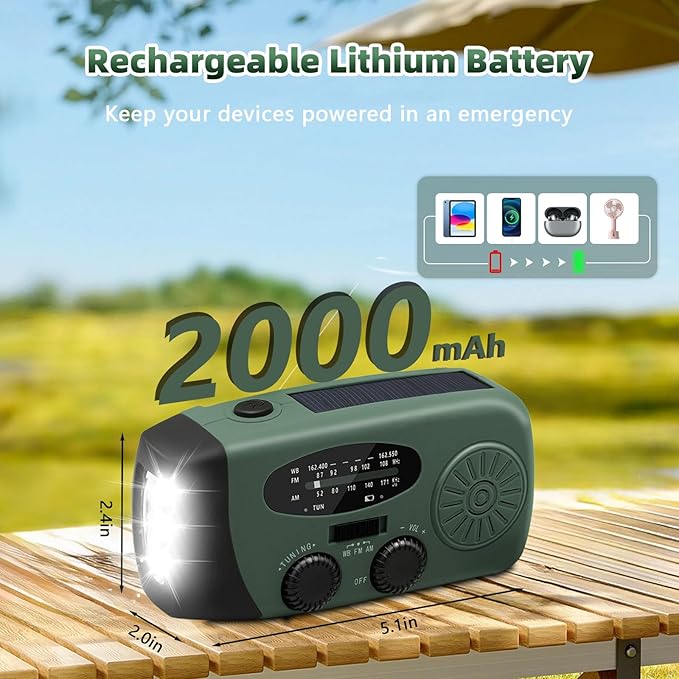WVL 7400mWh Emergency Weather Radio, Portable Solar Hand Crank Radio AM/FM/NOAA, with 3 Mode Flashlight & Reading Lamp, Cell Phone Charger and SOS Siren(Navy Green)