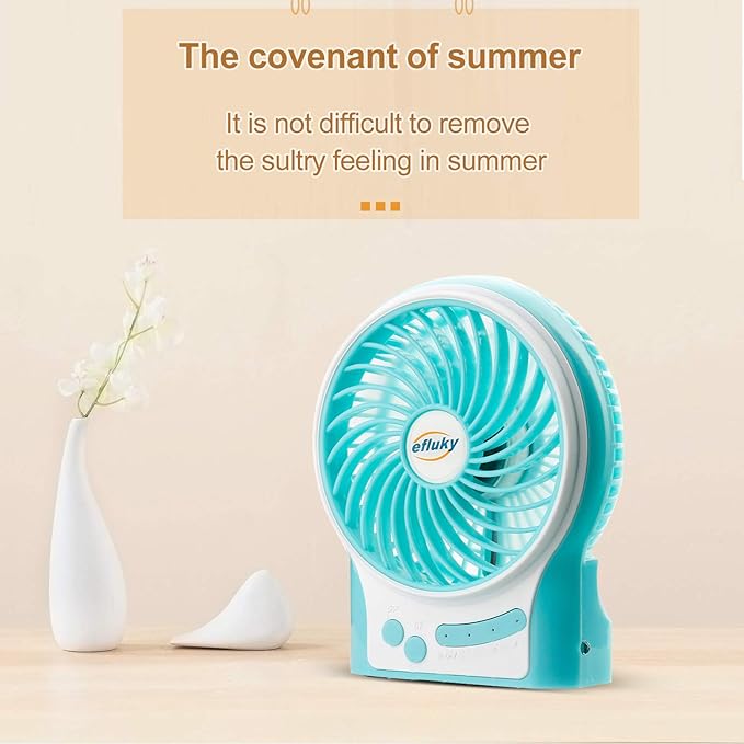 efluky 3-Speed Mini Desk Fan with LED Light, Portable USB Fan Quiet for Home, Office, Travel, Camping, Outdoor, Indoor, 4.9-Inch,Blue