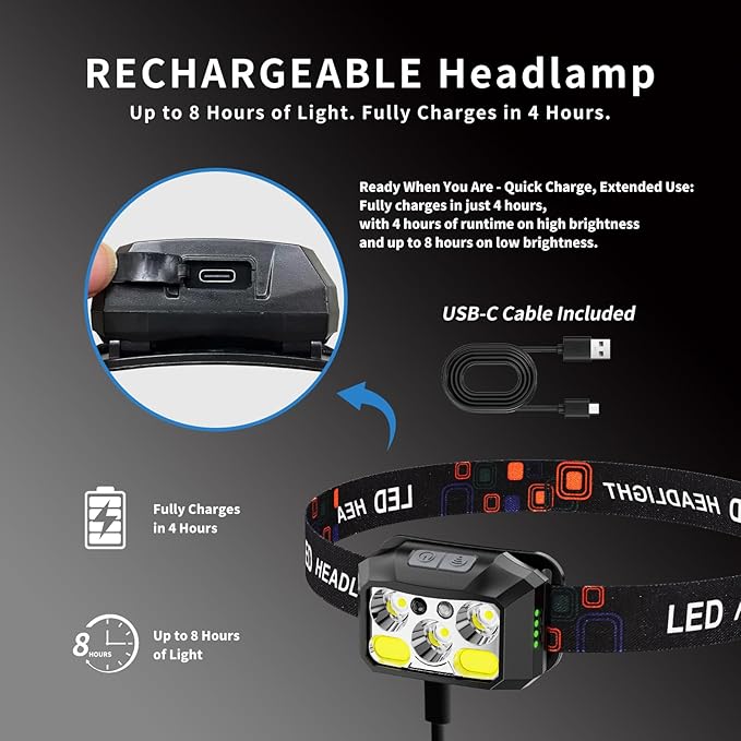 Rechargeable LED Headlamp 3-Pack, 800 Lumens, USB-C, IPX4 Waterproof, 8 Modes, Red & White Light — Lightweight, Adjustable; for Camping, Hiking, Running, Fishing & Repairs