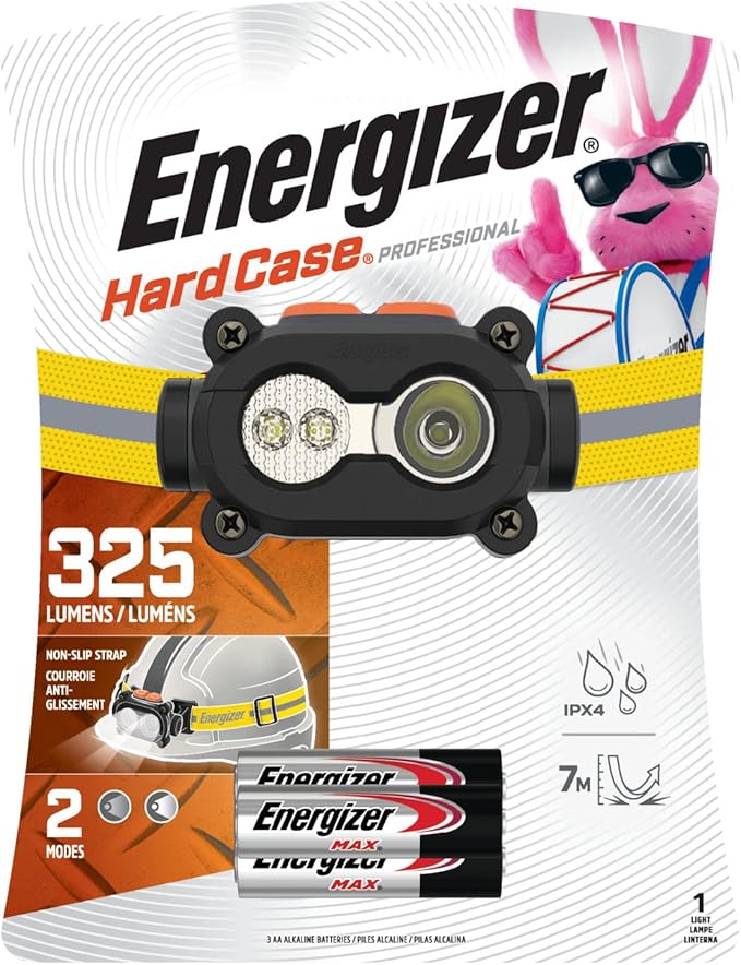 Energizer HARD CASE LED Headlamp Flashlight, High Lumens, IPX4 Water Resistant, Impact Resistant, For Camping, Hiking, Construction, Emergency Light, Batteries Included