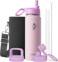 Coolflask Water Bottle 24 oz Insulated with Straw, Stainless Steel Metal 3 Lids Water Flask Wide Mouth for Sports or Office, Non-BPA Keep Cold Up to 48 Hrs or Hot Up to 24 Hrs, Pink