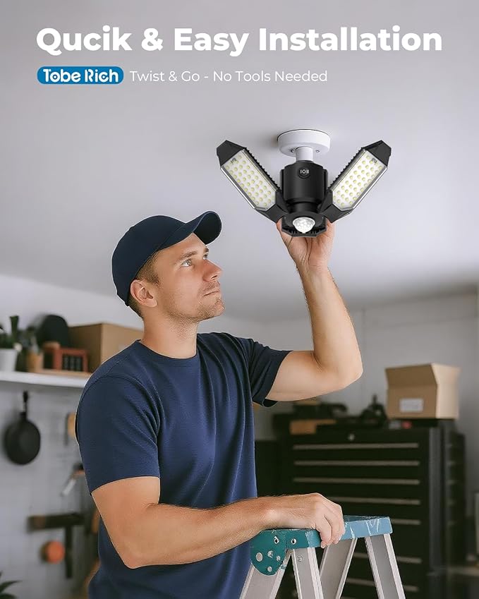 toberich Motion Sensor Garage Light, 8000LM Motion Sensor Shop Light w/ 3 Switch Modes, 6500K Indoor Motion Activated Light Bulb for Garage, Workshop, Laundry Room, Basement (1 Pack)