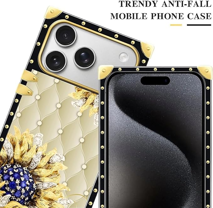 for iPhone 17 Pro Case Luxury Golden Decoration for Girl Women Soft TPU Shockproof Protective Hard PC Back for iPhone 17 Pro Crazy Pattern Sunflower Diamonds Leather