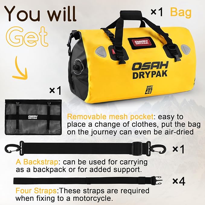 OSAH DRYPAK Waterproof Duffel Bag - Motorcycle Dry Bag Tail Bag with Large Storage Space, Waterproof Luggage Duffle Bags with Outer Mesh Zipper Pocket for Camping, Kayaking, Fishing & Traveling