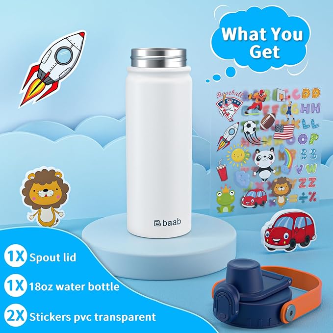 baab 18oz Kids Water Bottle, Insulated Kids Water Bottle with Lockable Spout Lid & Stickers, 18/8 Stainless Steel Vacuum Leakproof Kid Water Cup with Handle for Boy Girl & School (White, 1 Pack)