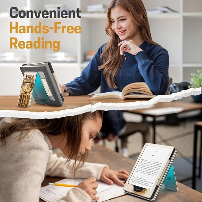 TNP Stand Case for Kindle Paperwhite 12th Generation 2024 / Kindle Colorsoft Signature Edition with Hand Strap & Card Slot - 7" PU Leather Protective Folio Cover with Auto Wake/Sleep, Owl in The Tree