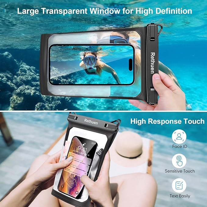 Large Waterproof Phone Pouch, 2Pack Floating Waterproof Bag for iPhone 17 16 15 Pro Max Galaxy S26 S25 S24 Ultra All Phones, Cell Phone Dry Bag for Beach Swimming Rafting Boating (Black + Black)