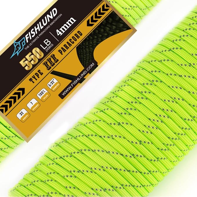 Reflective Paracord 550 lb, 7 Strand Paracord Rope 250ft 4mm, Nylon Parachute Cord for Camping, Neon Green