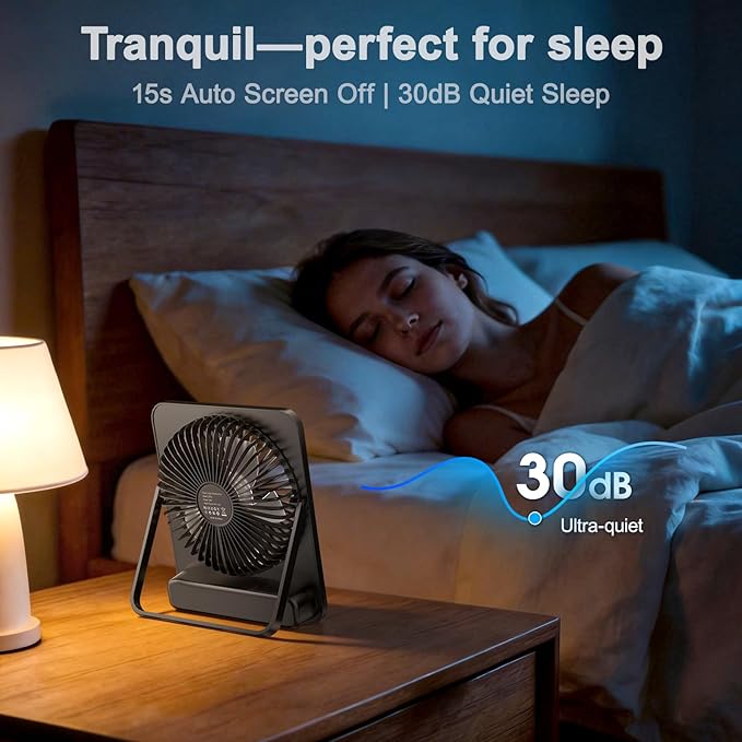WHATOOK Large Travel Desk Fan: 10000mAh Battery 40 Hours Runtime Silent Rechargeable Fans, Quite Personal Portable Fan for Camping Bedroom Office Small Desktop fan (8.3 * 7.1inch Black)