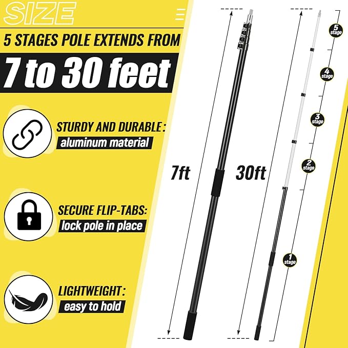 7-30 ft Telescopic Extension Pole with Utility Hook, Multi-Purpose Aluminum Pole for Painting, Dusting and New Year Window Cleaning Christmas Lights Installation Without a Ladder (Black)