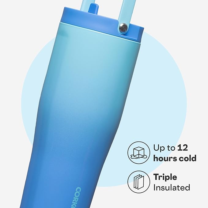 Corkcicle Go Cup XL - Leak-Proof Travel Tumbler - Triple Insulated Stainless Steel Water Bottle - Easy-Carry Handle - Summer Drinkware Gift - Keeps Drinks Ice Cold - 30 oz - Boombox Blue