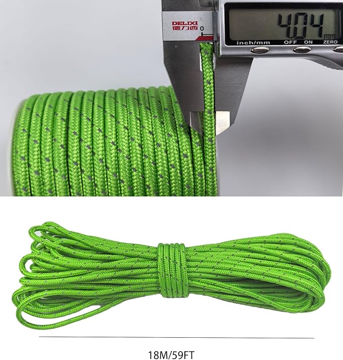 Dyneema Reflective Rope -2mm 400kg Fracture Strain - Suitable for Tents, Kite Surfing, and Other 65 feet (Green, 4mm)