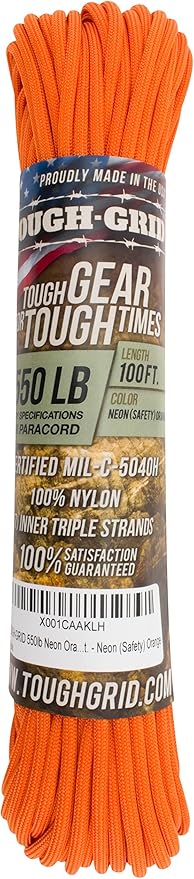 TOUGH-GRID 550 Paracord, Type III Mil-Spec Nylon Rope - 100 Ft Neon Orange Tactical Survival Cord