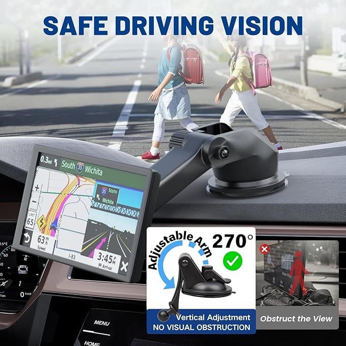 EWAY GPS Windshield Dashboard Mount for Garmin, 17mm Ball Mounting Pattern, Adjustable Arm Navigation Suction Cup Holder w/GPS Disk for Garmin Nuvi Dezl Drive Drivesmart Zumo Driveassist DriveLuxe