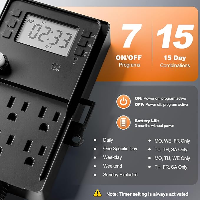 SURAIELEC Outdoor Power Stake, 7-Day Programmable Digital Timer, Power Strip Weatherproof, 6 Multi Plug Electrical Outlet Waterproof, 6 ft Extension Cord for Outside Light, Halloween Decoration