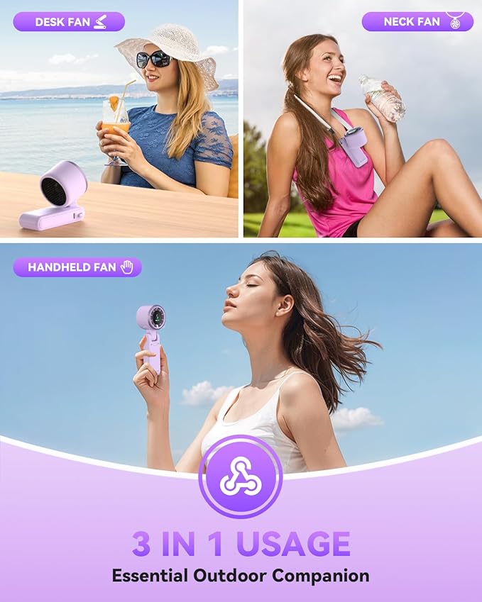 PlayHot Portable Handheld Turbo Fan, 5-Speed Personal Fans, 5000mAh Rechargeable Fans Up to 12 Hours, Weight only 0.6lb Small Fan, Hand/Neck/Desk Fan 3 IN 1, Beach Vacation Essentials(Purple)