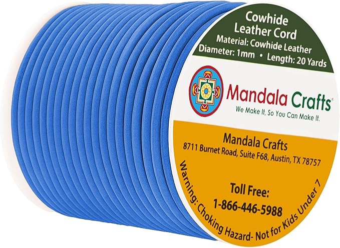 Mandala Crafts Round Cowhide Genuine Blue Leather Cord for Jewelry Making Kumihimo Leather Rope Spool - Blue 20 Yds 1mm Cording