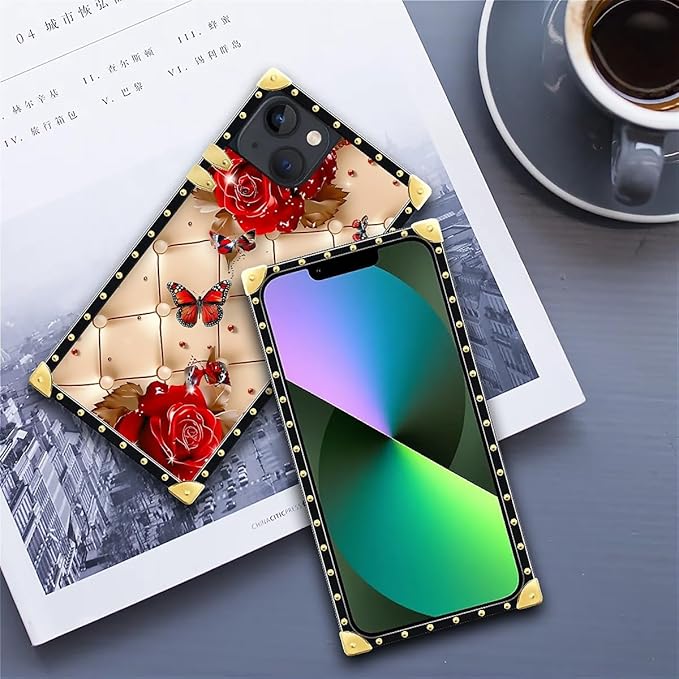 Compatible with iPhone 13 Case, Shining Red Rose Butterfly Leather Background Luxury Golden Decoration for Girl Women Soft TPU Shockproof Protective Hard PC Back for iPhone 13