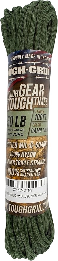 TOUGH-GRID 550 Paracord, Type III Mil-Spec Nylon Rope - 100 Ft Camo Green Tactical Survival Cord