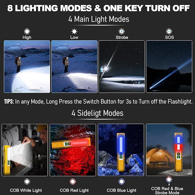 Rechargeable Flashlights High Lumens - Super Bright Small Pocket Magnetic Flashlight, 8 Modes LED Tactical Flash Light, Dual Button Powerful Work Light for Car,Home,Camping,Emergency (1, Yellow Gold)