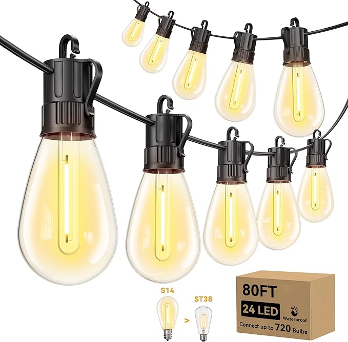 Minetom 80FT Outdoor String LED Patio Lights Waterproof, 24 Shatterproof S14 Vintage Edison Bulbs,Commercial Grade Outside Hanging Lights Waterproof for Porch Deck Garden Backyard Balcony Cafe Bistro