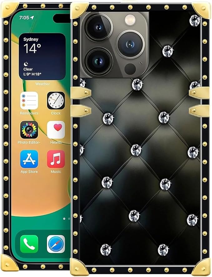 Compatible with iPhone 14 Pro Max Case, Shiny Black Sofa Crystal Luxury Golden Decoration for Girl Women Soft TPU Shockproof Protective Hard PC Back for iPhone 14 Pro Max