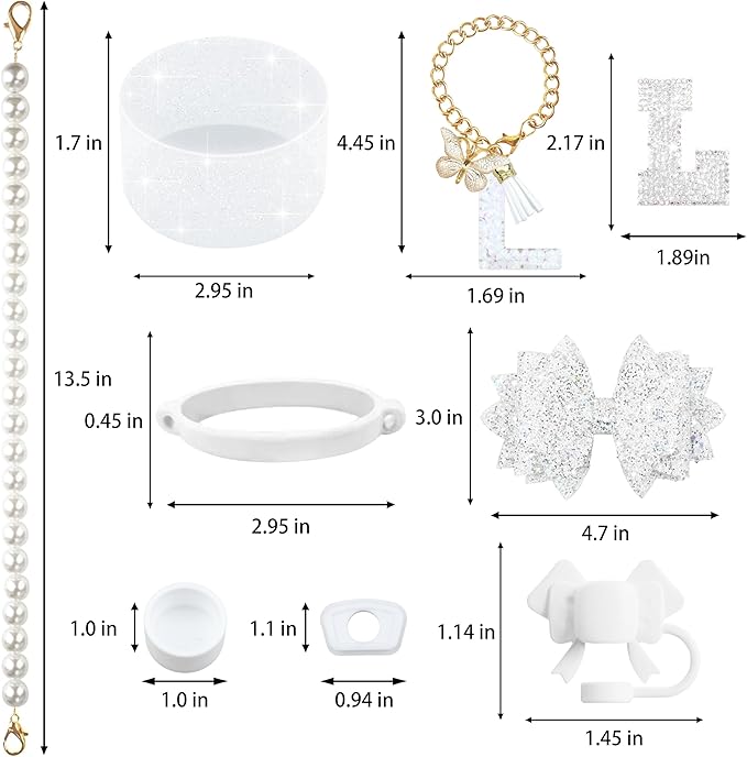 9PCS White for Stanley Cup Accessories Set Bling Initials Bow Charms for Stanley Decorations 30/40 Oz Tumbler Accessories Including Bow Straw Topper, Handle Strap, Spill Stopper（Letter L）