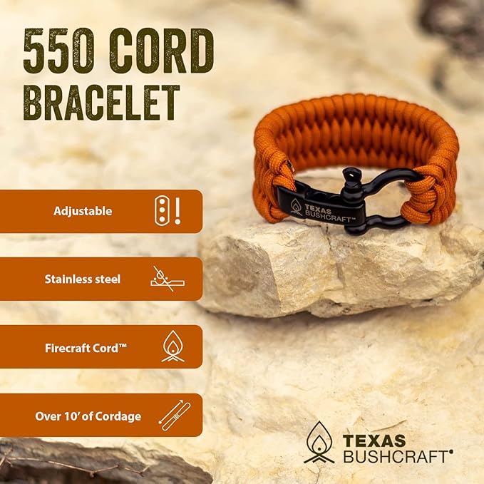 Texas Bushcraft Firecraft Cord Survival Bracelet – Paracord Bracelet with Bow Shackle for Camping and Emergency – 3 Extra Strands Include Wax Thread, Tinder, and Fishing Line