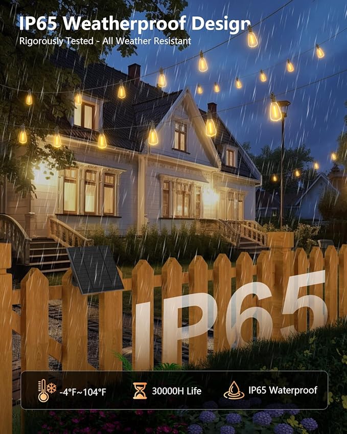 Brightown 52FT Solar String Lights Outdoor Waterproof with Remote, 15+1 LED Shatterproof Bulbs, Dimmable & Timable, 3 Light Modes - Commercial Grade Patio Lights for Garden Backyard Party Decor