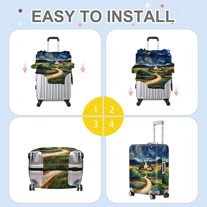 ANNA QUEEN Starry Night Landscape Luggage Cover, Artistic Oil Painting Style Suitcase Protector for 20-22 Inch Bags