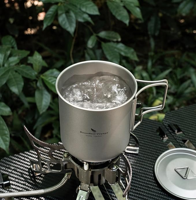 iBasingo 500ml Titanium Cup with Lid Foldable Handle Single-walled Camping Mug Lightweight Portable for Outdoor Drinking Drinkware US-Ti3059D