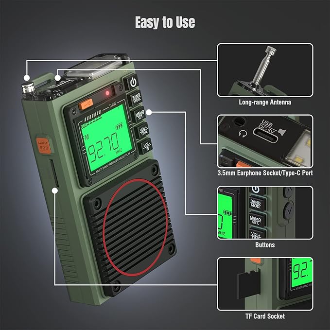Raddy RF75A APP Control Shortwave Radio, Portable Shortwave Radios AM/FM/VHF/SW/WB Weather Radio, Pocket Radio Rechargeable w/ 9.85 Ft Wire Antenna (Army Green)