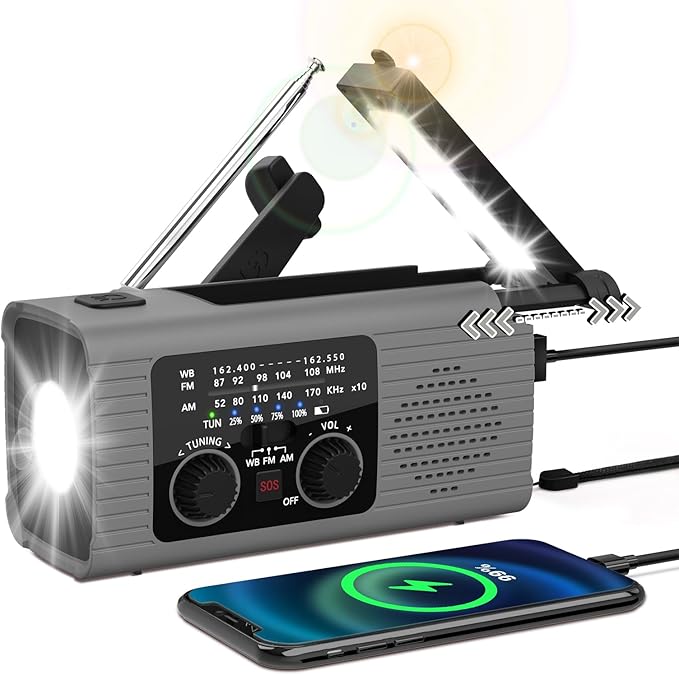 NITIGO Emergency Radio 4000mAh Solar Hand Crank AM/FM/NOAA Portable Weather Radio with Phone Charger, LED Flashlight, Reading Lamp, SOS Alarm, Headphone Jack for Indoor Outdoor Emergency, USB Charged
