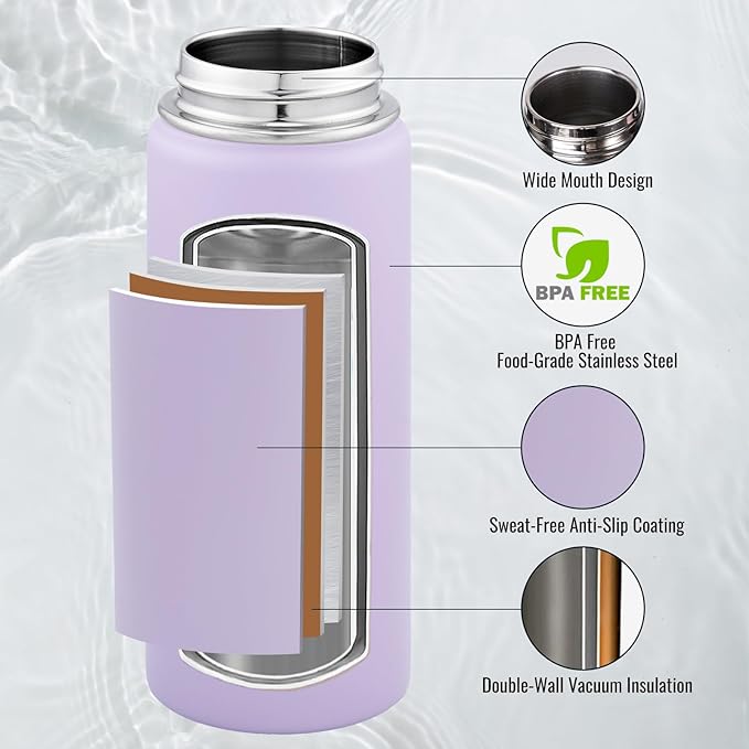 Fijinhom 24 oz Insulated Water Bottle with Handle, 304 Stainless Steel Water Bottles with Wide Mouth, Double Wall Vacuum Sports Water Bottle, BPA Free, Keep Cold and Hot, Purple