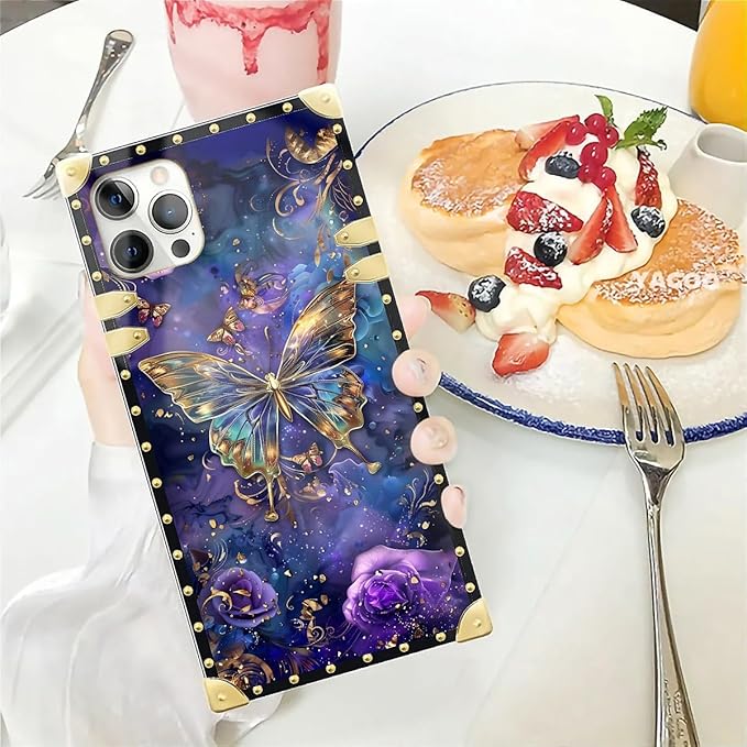 Compatible with iPhone 12 Pro Max Case, Glistening Golden Butterfly Vibrant Purple Blue Luxury Golden Decoration for Girl Women Soft TPU Shockproof Protective Hard PC Back