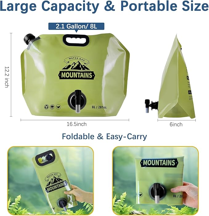 Water Jug Camping 2.1 Gallon Collapsible with Spigot, BPA Free Portable Water Pouch Foldable Water Bags for Outdoor Hiking, Travel and Emergency & Water Storage Containers (Green_Orange-2Pcs)