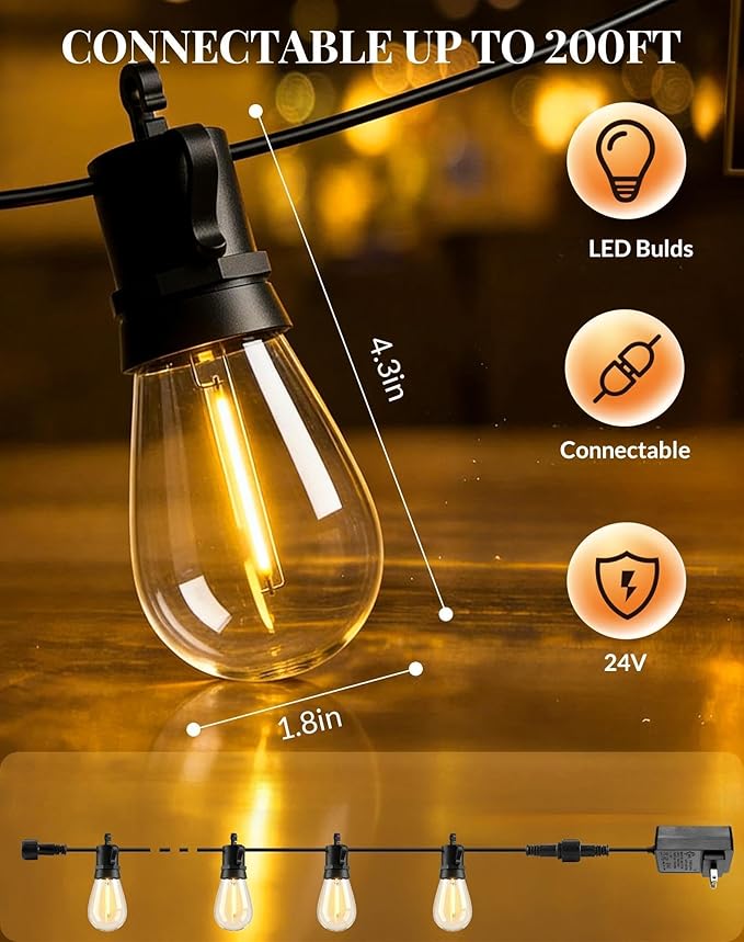 Outdoor String Lights LED Patio-Light - 65Ft Outside Waterproof Dimmable Porch Lights with Remote Shatterproof S14 Bulbs Outside Hanging Light Connectable Lighting for Gazebo Backyard Bistro Pergola