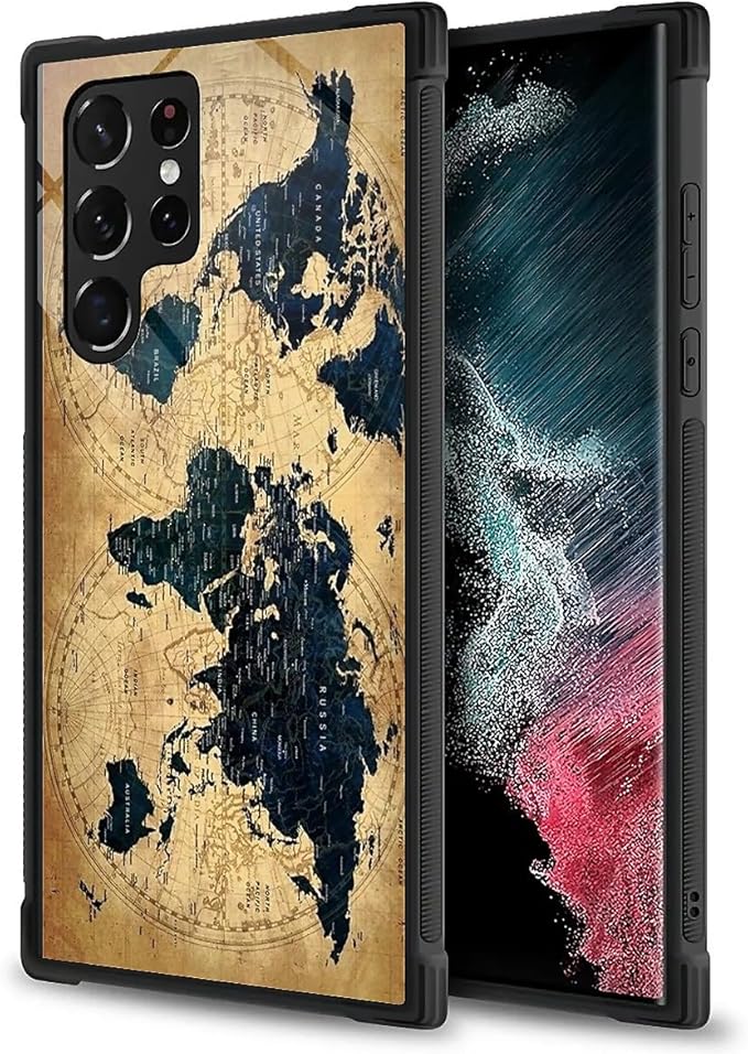 for Samsung Galaxy S23 Ultra Case, Brown World Map Pattern Graphic Design Girl Boy Soft Silicone Hard Acrylic Shock Protection for Samsung Galaxy S23 Ultra