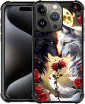 for iPhone 16 Pro Case, Black White Wolf Moon Flower Rose Pattern Graphic Design Girl Boy Soft Silicone Hard Acrylic Shock Protection for iPhone 16 Pro