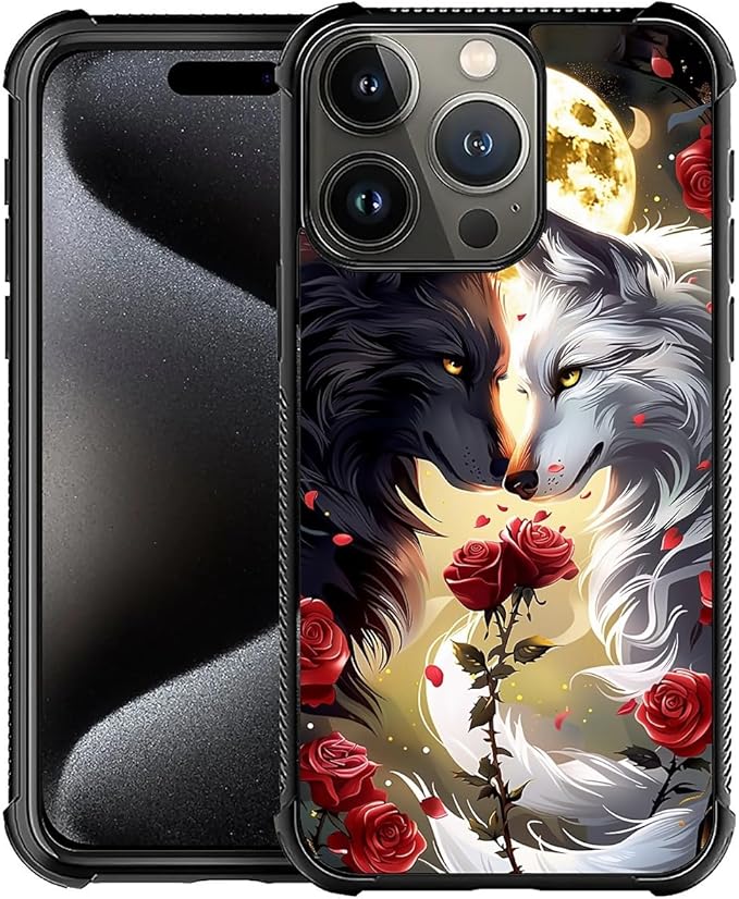 for iPhone 16 Pro Case, Black White Wolf Moon Flower Rose Pattern Graphic Design Girl Boy Soft Silicone Hard Acrylic Shock Protection for iPhone 16 Pro
